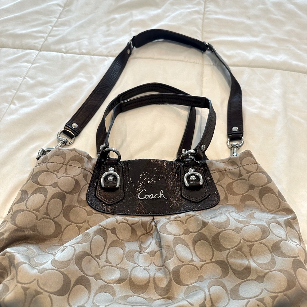Coach Tan and Brown Shoulder Bag with Signature Monogram